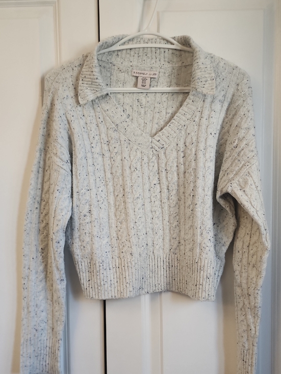 Sincerly Jules Sweaters - Sincerly Jules Speckled Cream Cable-Knit V-Neck Sweater with Collar